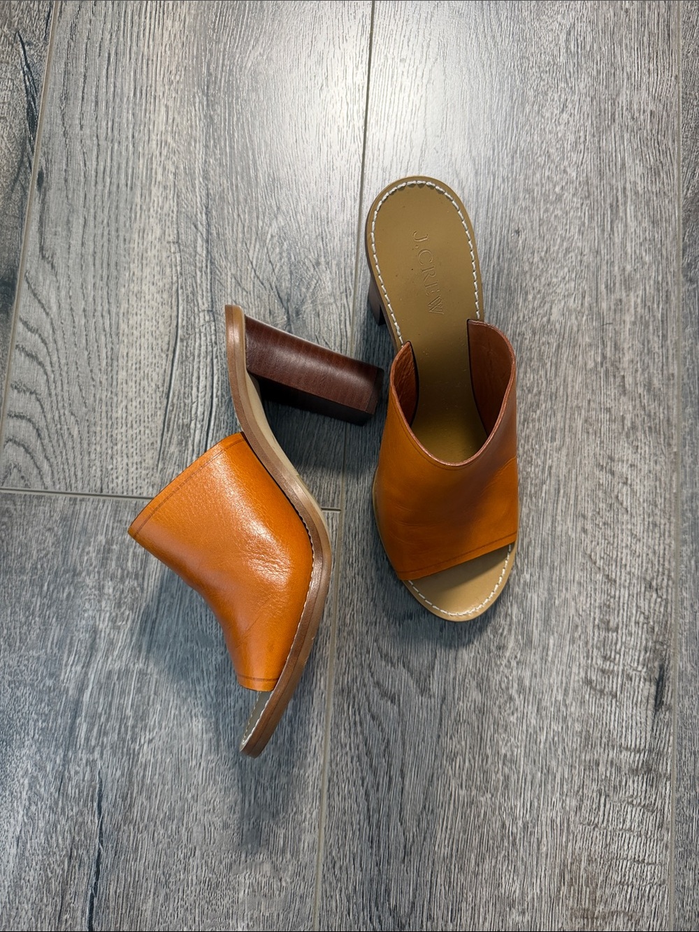 J. Crew Tan Cognac Open-Toe Leather Mule Heels